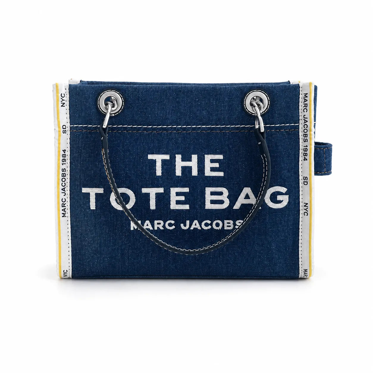 Marc Jacobs | Dark washed denim  silver chain shoulder strap  embossed logo  women's designer denim chain mini tote bag
