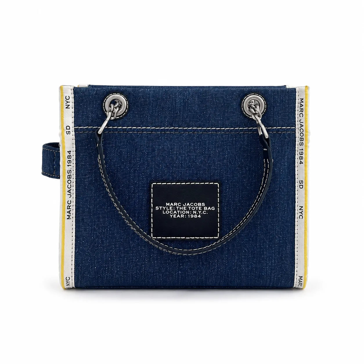 Marc Jacobs | Dark washed denim  silver chain shoulder strap  embossed logo  women's designer denim chain mini tote bag