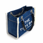 Marc Jacobs | Dark washed denim  silver chain shoulder strap  embossed logo  women's designer denim chain mini tote bag