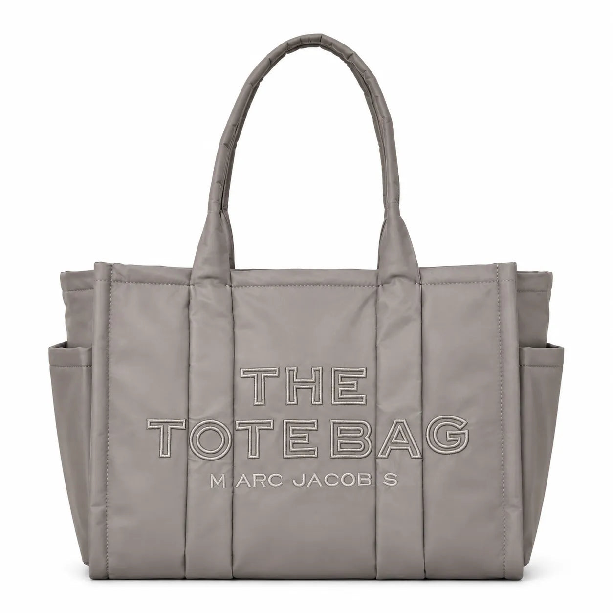 Marc Jacobs | Grey quilted nylon  embossed logo  double handles  exterior pocket  women's commuter tote bag
