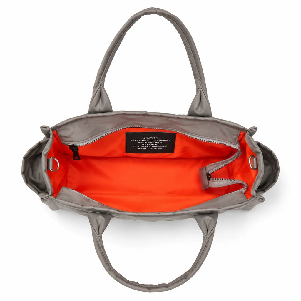 Marc Jacobs | Grey quilted nylon  embossed logo  double handles  exterior pocket  women's commuter tote bag