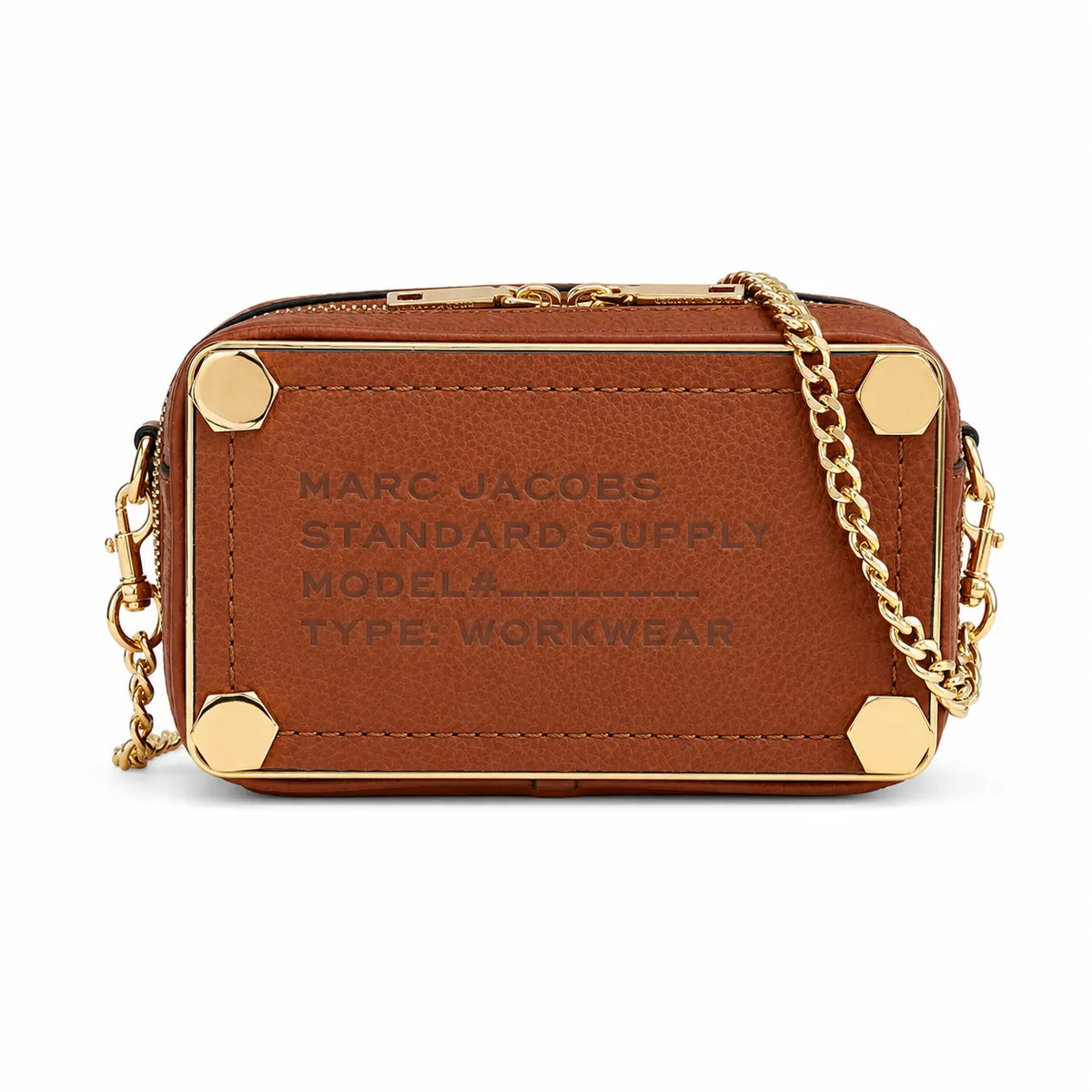 Marc Jacobs | Brown pebbled leather  gold-tone corner protectors and chain shoulder strap  embossed logo  women's designer camera bag