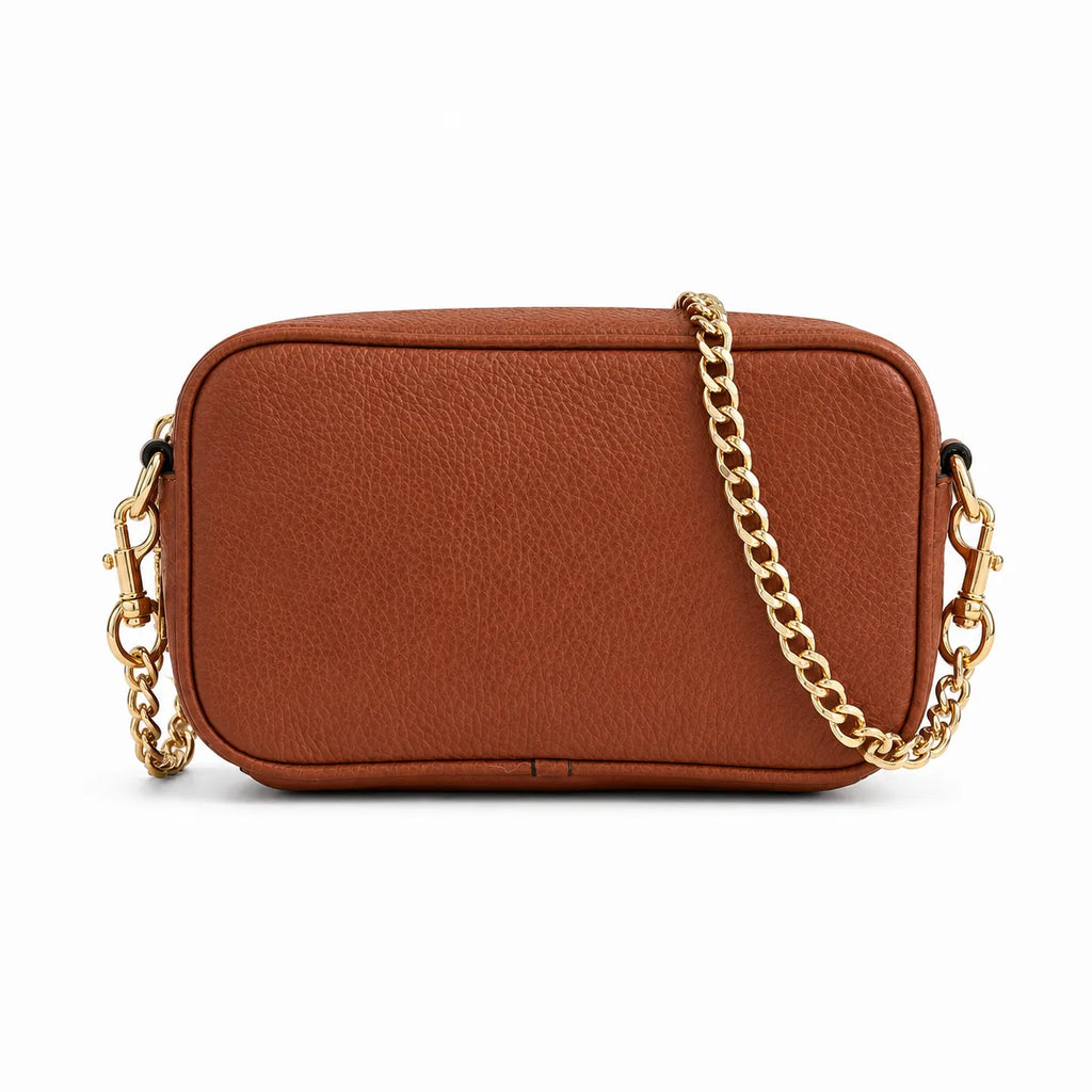 Marc Jacobs | Brown pebbled leather  gold-tone corner protectors and chain shoulder strap  embossed logo  women's designer camera bag