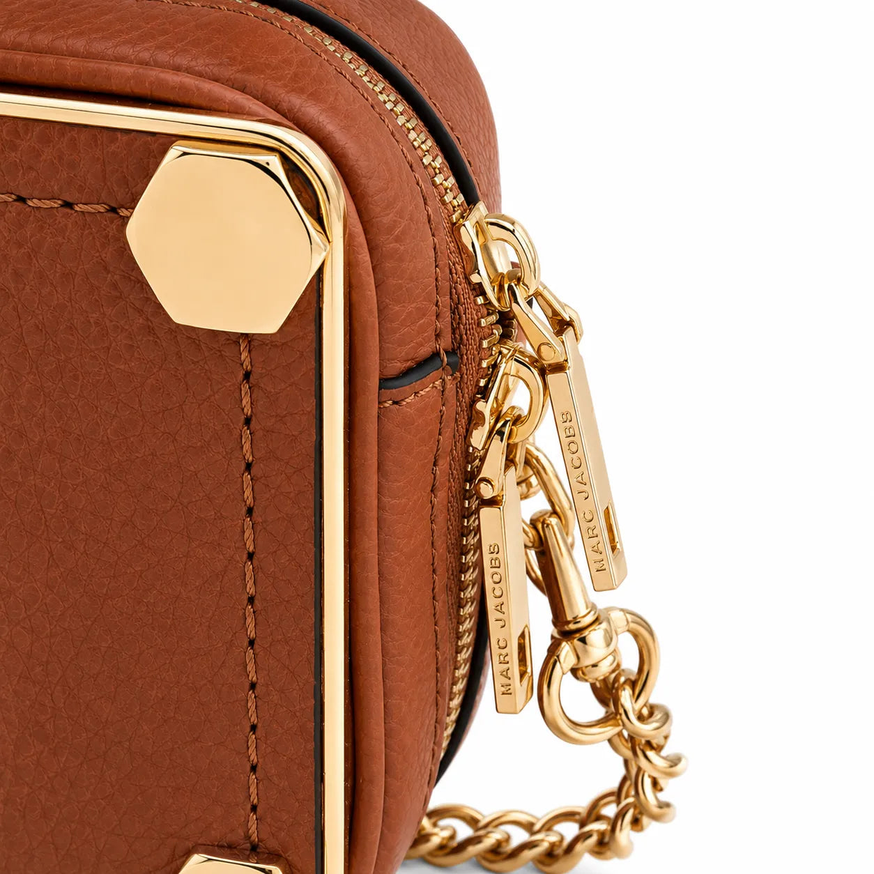 Marc Jacobs | Brown pebbled leather  gold-tone corner protectors and chain shoulder strap  embossed logo  women's designer camera bag