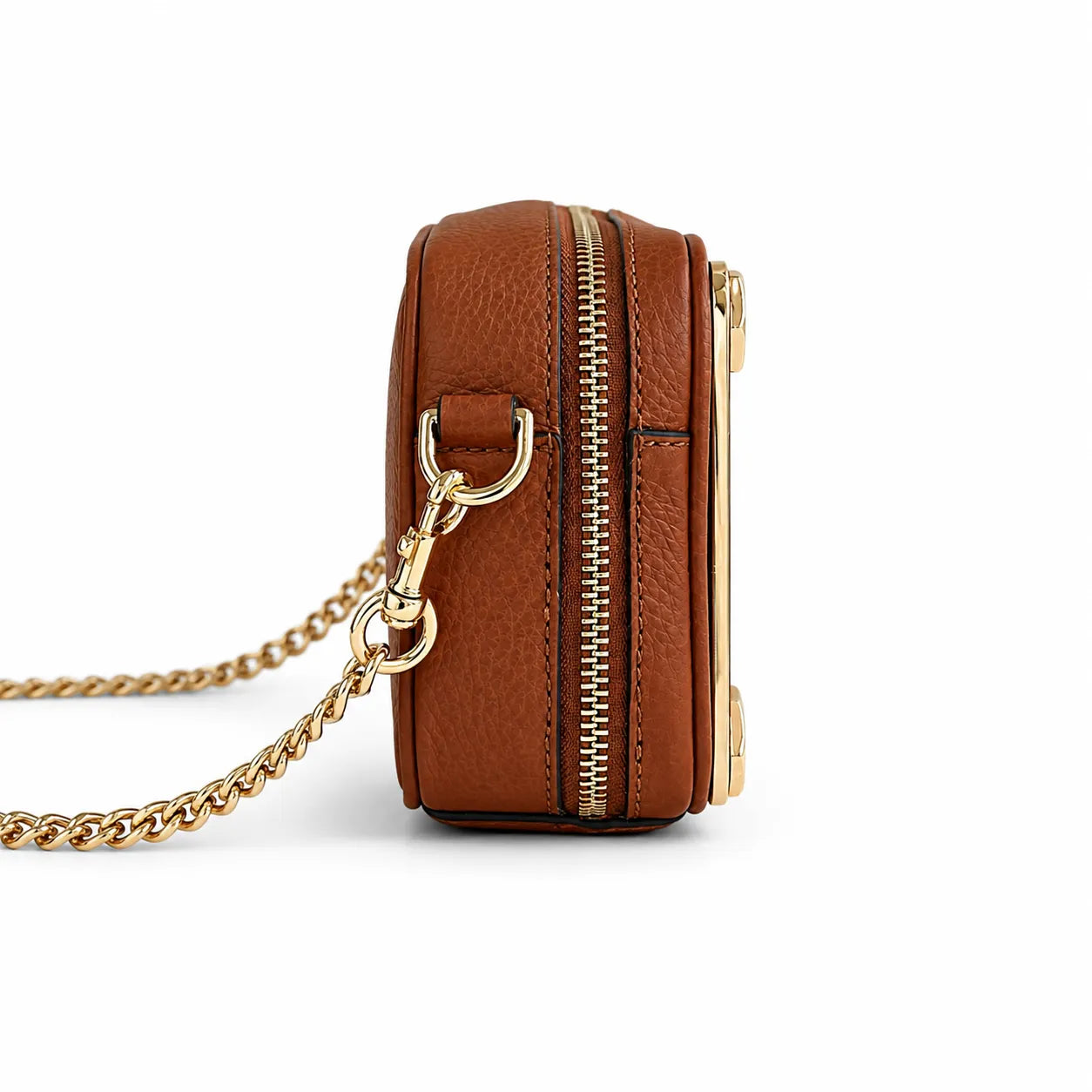 Marc Jacobs | Brown pebbled leather  gold-tone corner protectors and chain shoulder strap  embossed logo  women's designer camera bag