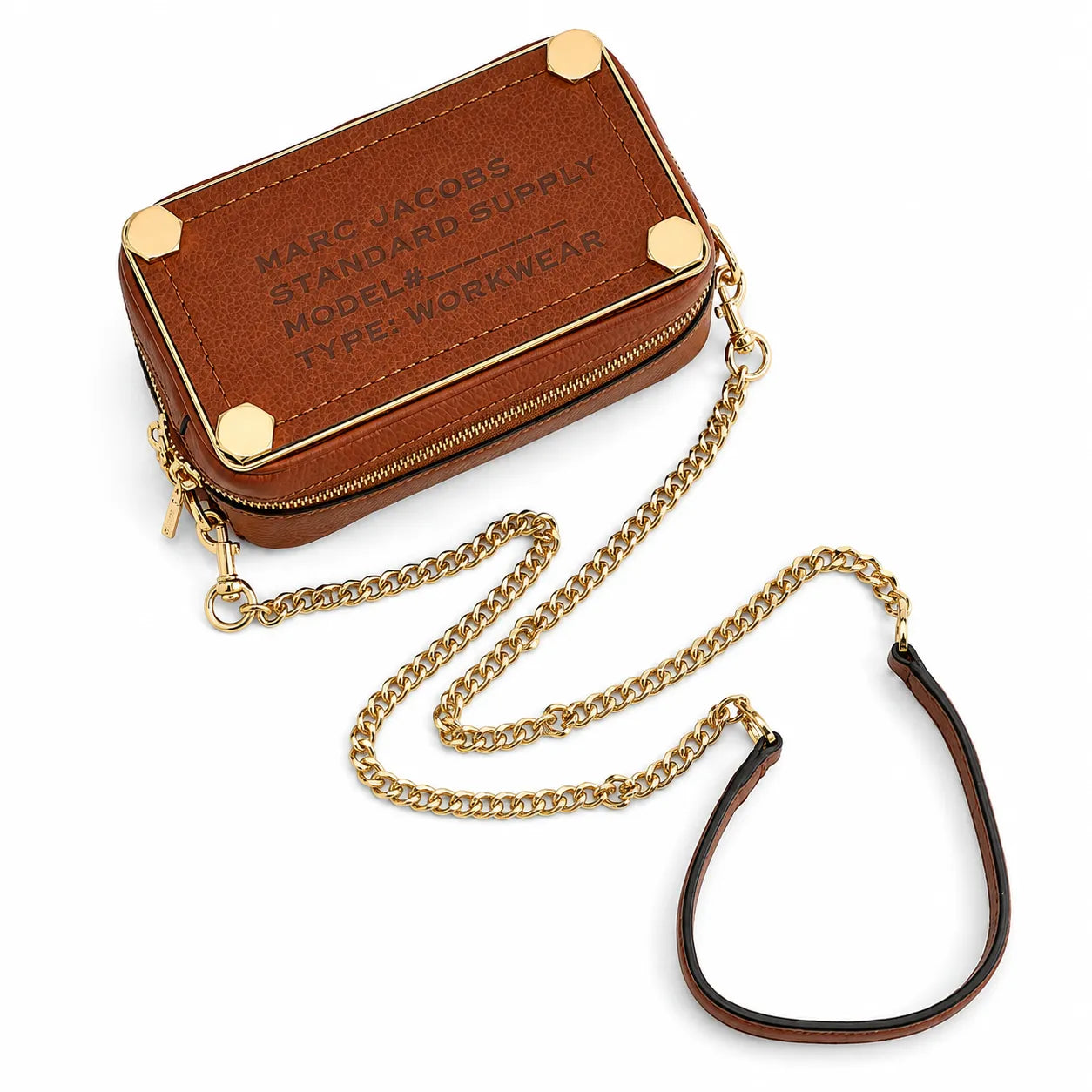 Marc Jacobs | Brown pebbled leather  gold-tone corner protectors and chain shoulder strap  embossed logo  women's designer camera bag