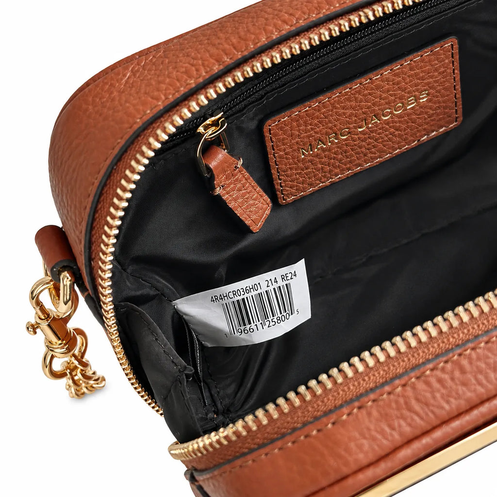Marc Jacobs | Brown pebbled leather  gold-tone corner protectors and chain shoulder strap  embossed logo  women's designer camera bag