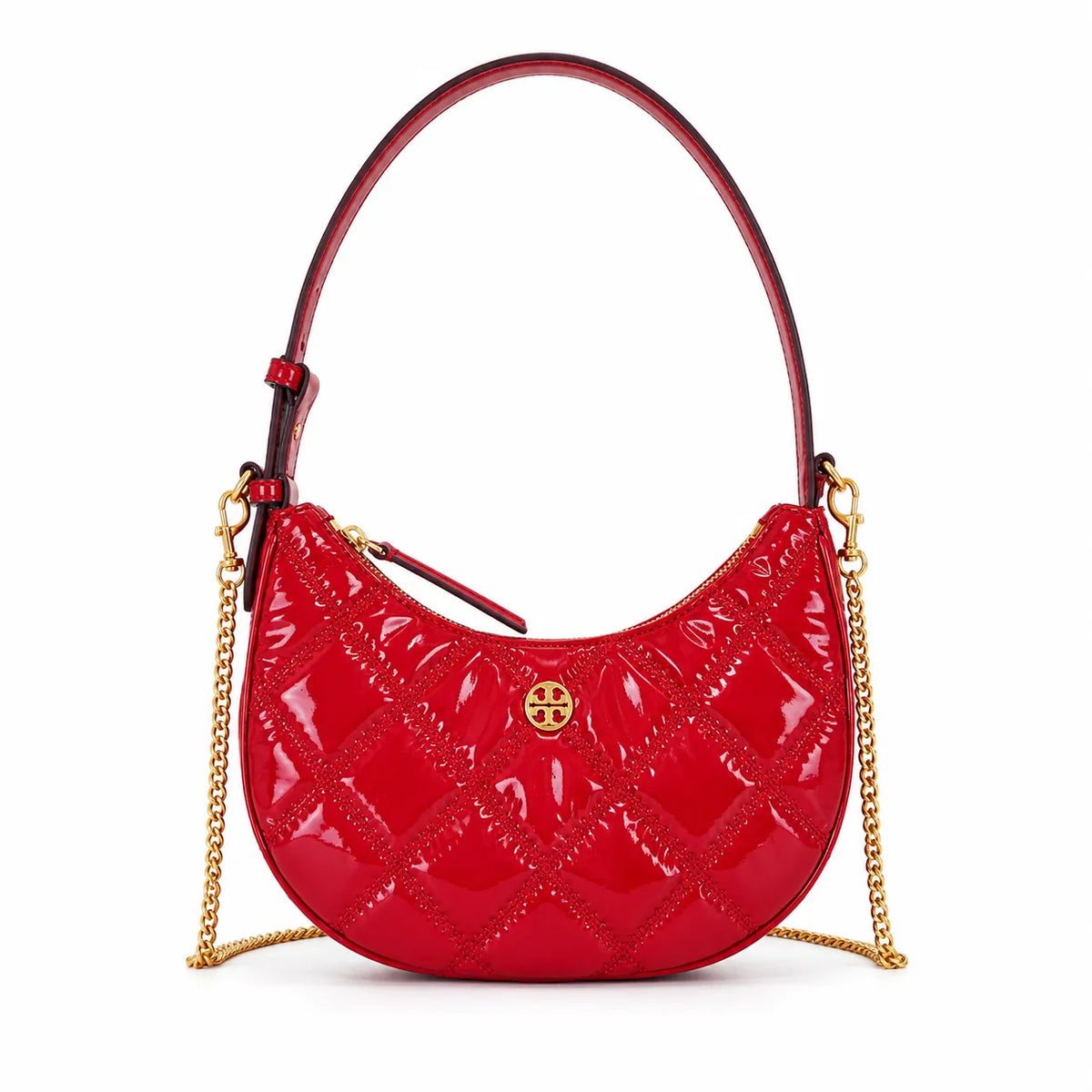 Tory Burch Willa Quilted Patent Leather | Red with Gold Double T Logo  Chain and Leather Shoulder Strap Women's Designer Shoulder Handbag