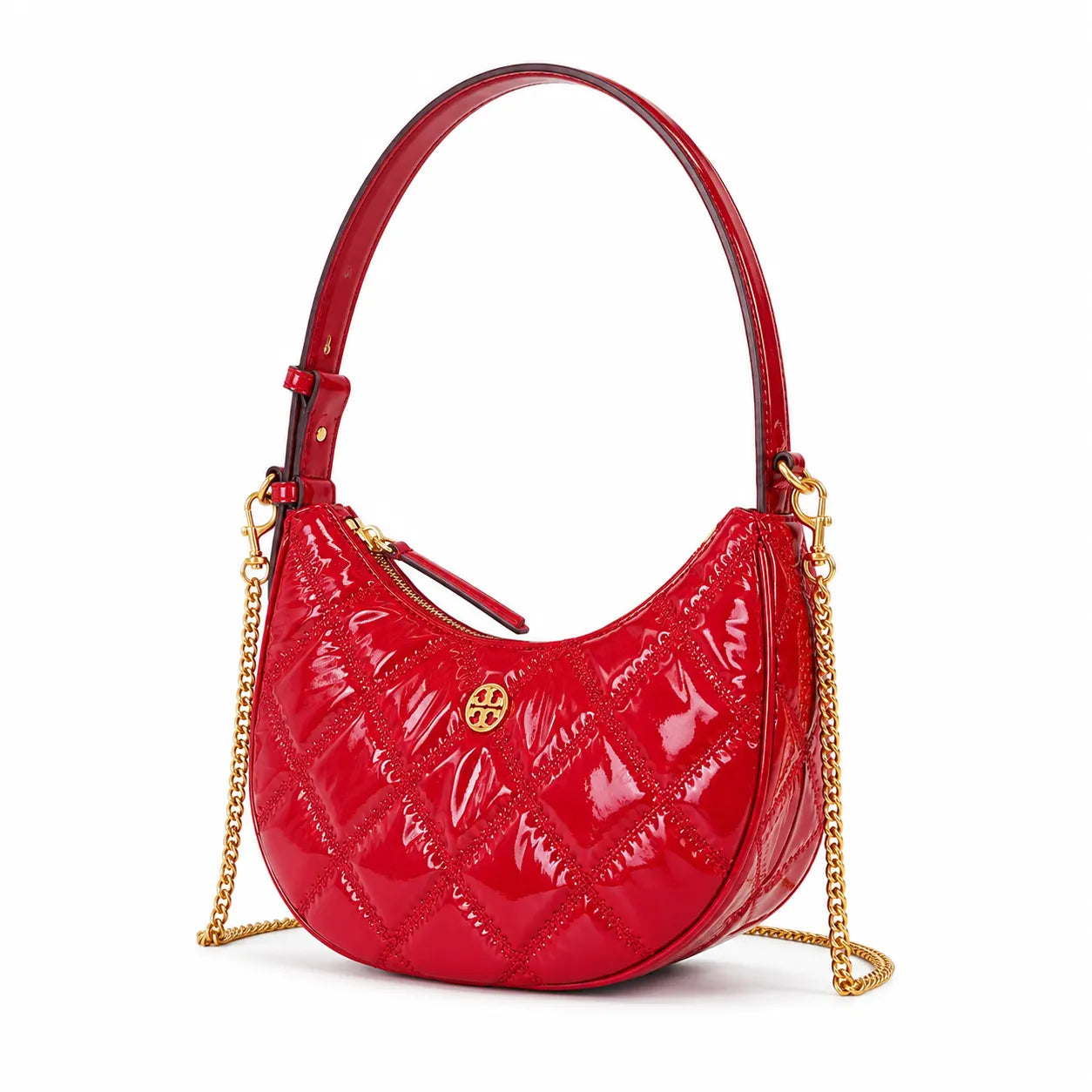 Tory Burch Willa Quilted Patent Leather | Red with Gold Double T Logo  Chain and Leather Shoulder Strap Women's Designer Shoulder Handbag