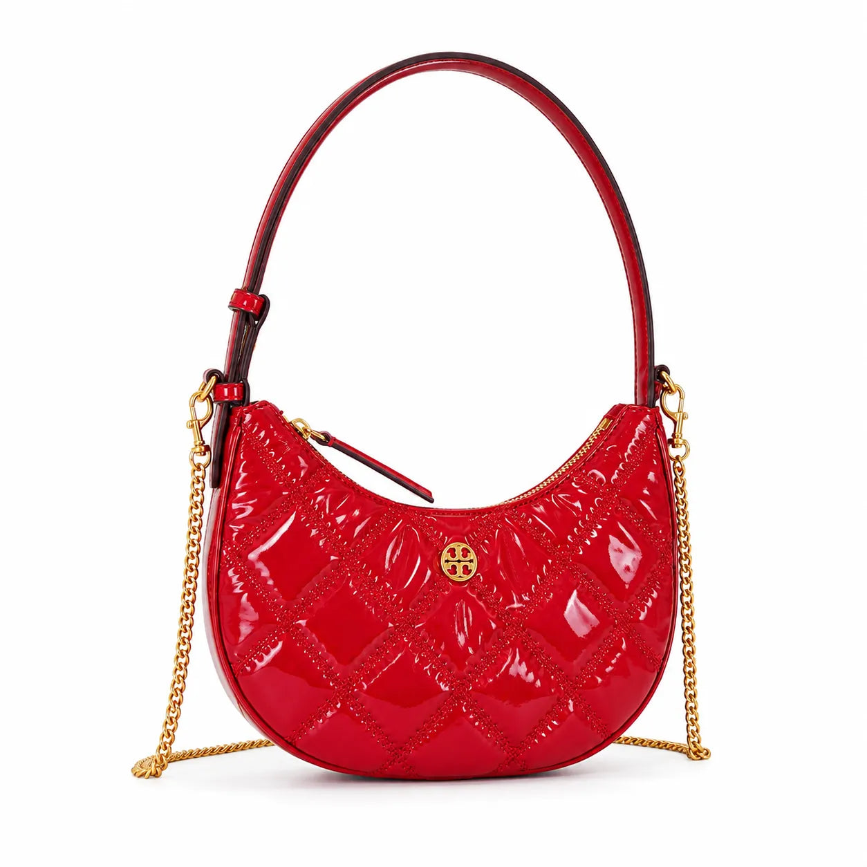 Tory Burch Willa Quilted Patent Leather | Red with Gold Double T Logo  Chain and Leather Shoulder Strap Women's Designer Shoulder Handbag