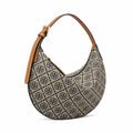 Tory Burch T Monogram Crescent | Beige jacquard fabric with navy blue logo  brown leather trim  adjustable shoulder strap women's designer shoulder bag