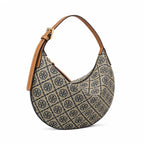 Tory Burch T Monogram Crescent | Beige jacquard fabric with navy blue logo  brown leather trim  adjustable shoulder strap women's designer shoulder bag