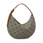 Tory Burch T Monogram Crescent | Beige jacquard fabric with navy blue logo  brown leather trim  adjustable shoulder strap women's designer shoulder bag