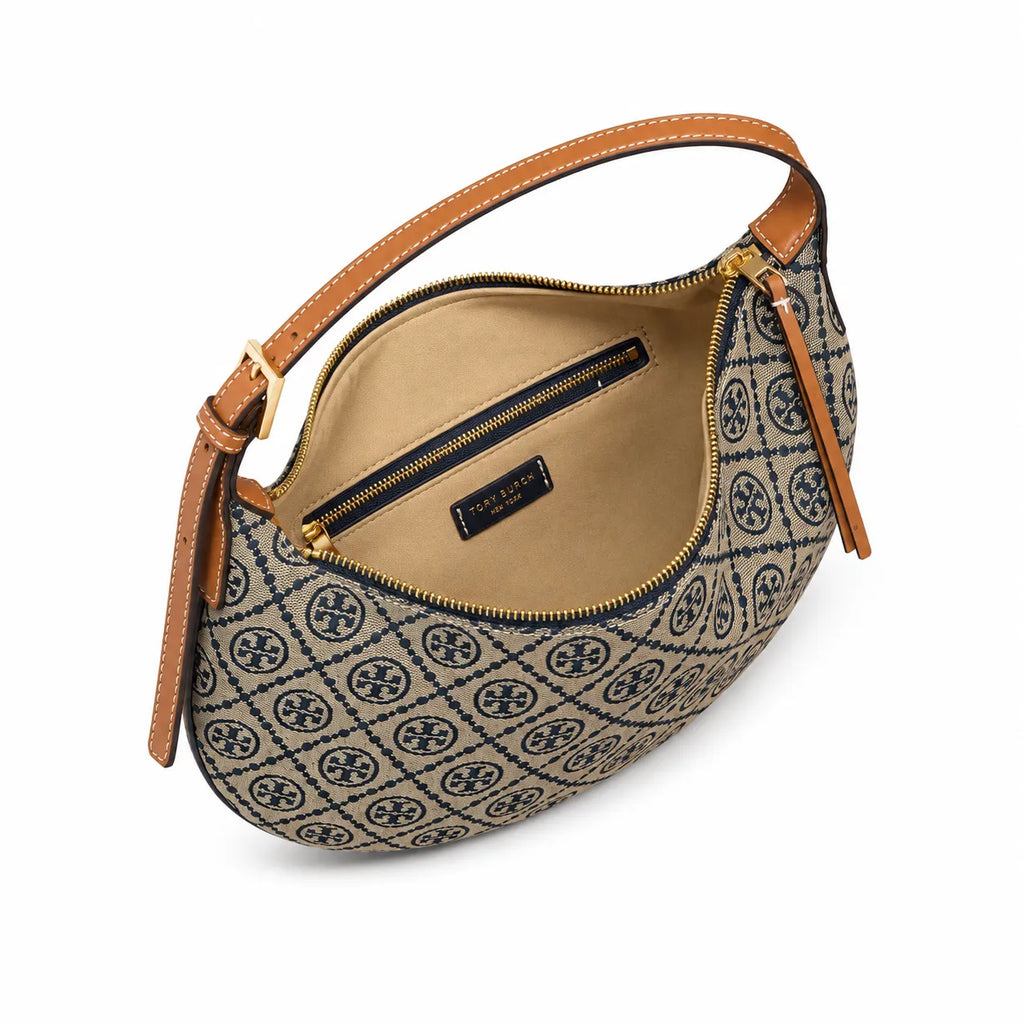 Tory Burch T Monogram Crescent | Beige jacquard fabric with navy blue logo  brown leather trim  adjustable shoulder strap women's designer shoulder bag