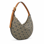 Tory Burch T Monogram Crescent | Beige jacquard fabric with navy blue logo  brown leather trim  adjustable shoulder strap women's designer shoulder bag
