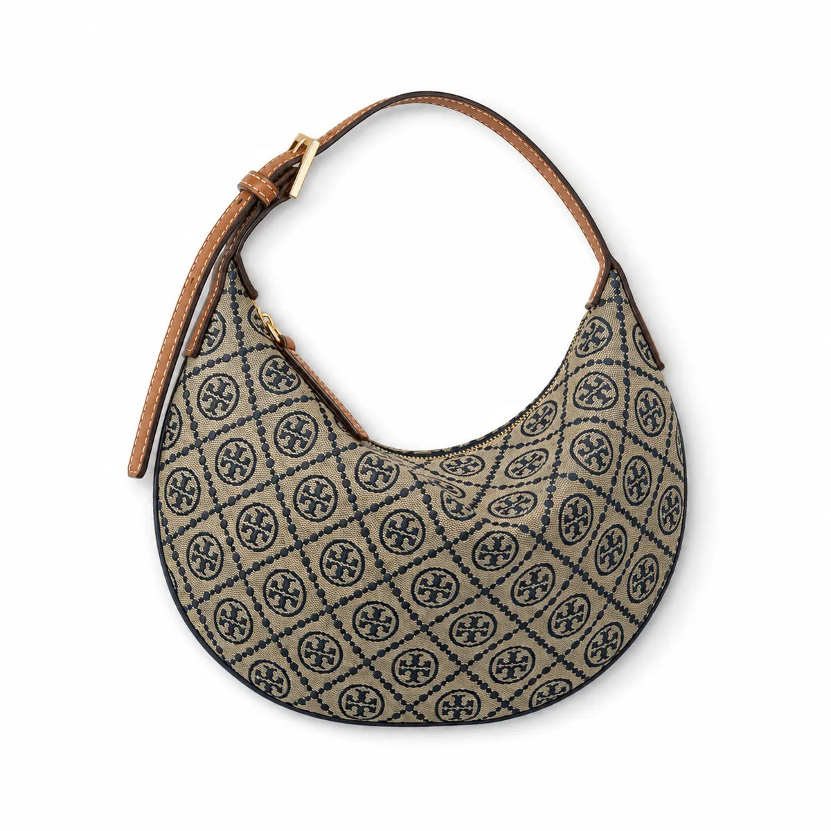 Tory Burch T Monogram Crescent | Beige jacquard fabric with navy blue logo  brown leather trim  adjustable shoulder strap women's designer shoulder bag