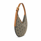 Tory Burch T Monogram Crescent | Beige jacquard fabric with navy blue logo  brown leather trim  adjustable shoulder strap women's designer shoulder bag
