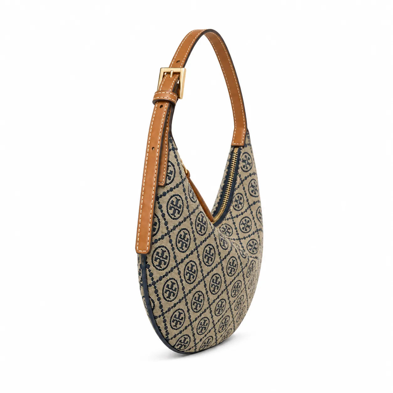 Tory Burch T Monogram Crescent | Beige jacquard fabric with navy blue logo  brown leather trim  adjustable shoulder strap women's designer shoulder bag