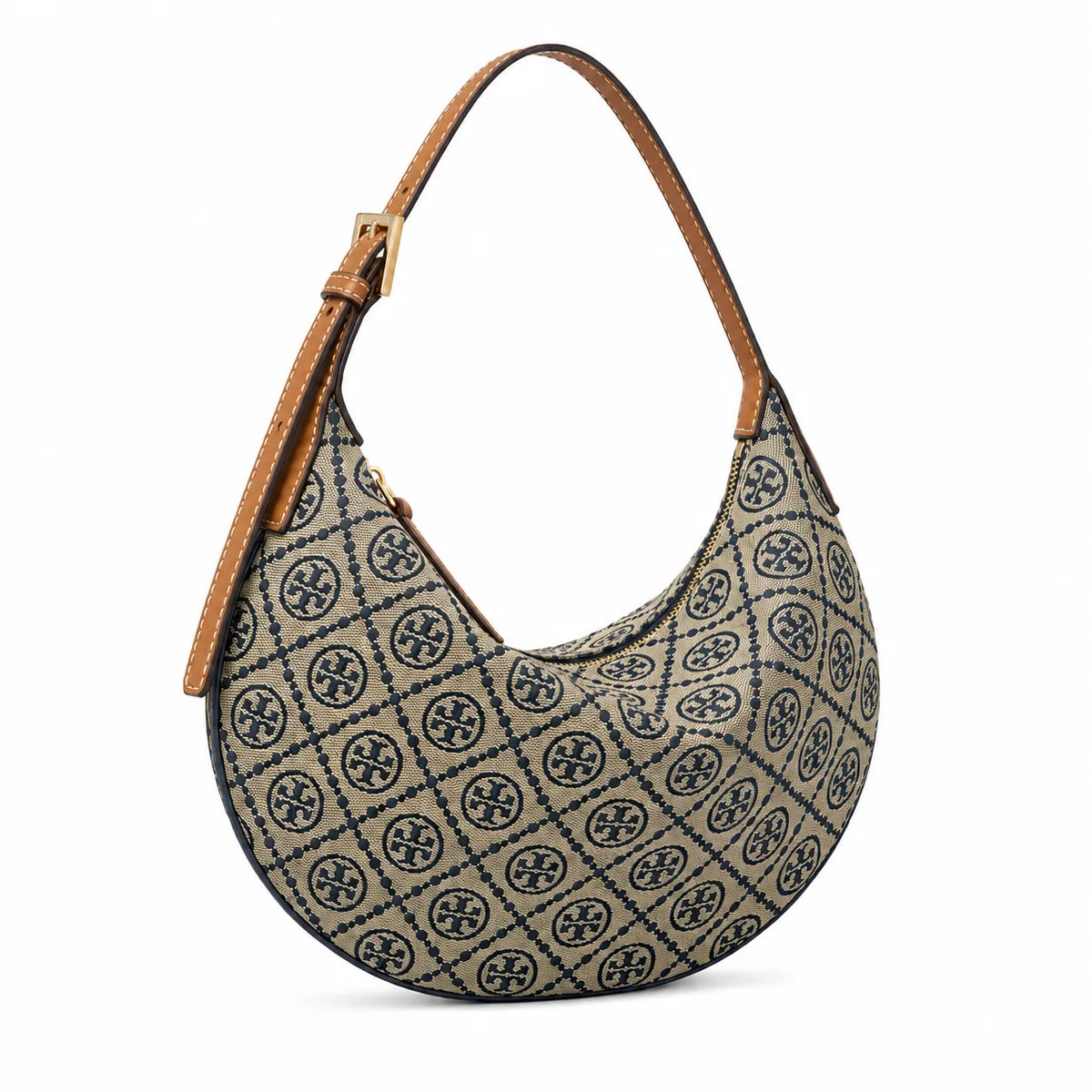 Tory Burch T Monogram Crescent | Beige jacquard fabric with navy blue logo  brown leather trim  adjustable shoulder strap women's designer shoulder bag