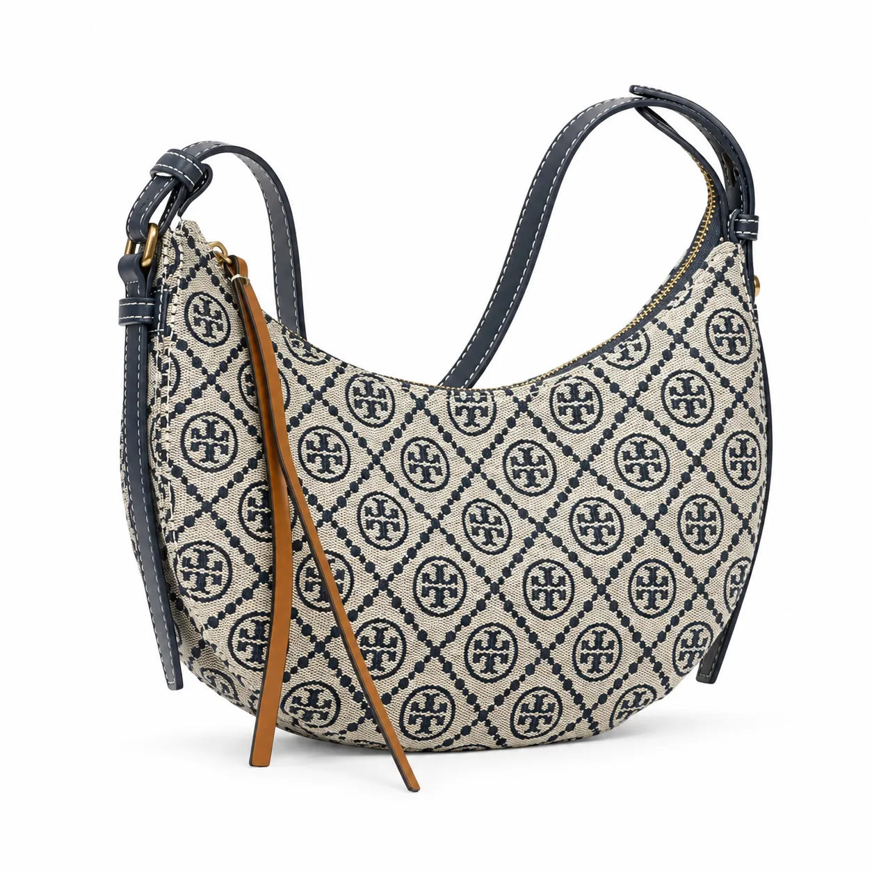 Tory Burch T Monogram Crescent | Beige jacquard fabric with navy blue logo  brown leather trim  adjustable shoulder strap women's designer shoulder bag