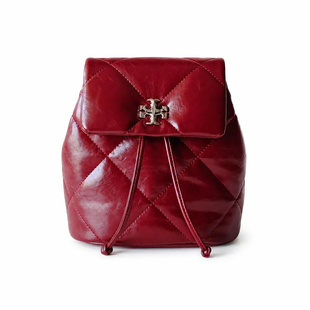 Tory Burch Kira Mini Quilted Backpack | Burgundy distressed leather gold double T logo    adjustable chain and leather shoulder strap women's designer backpack