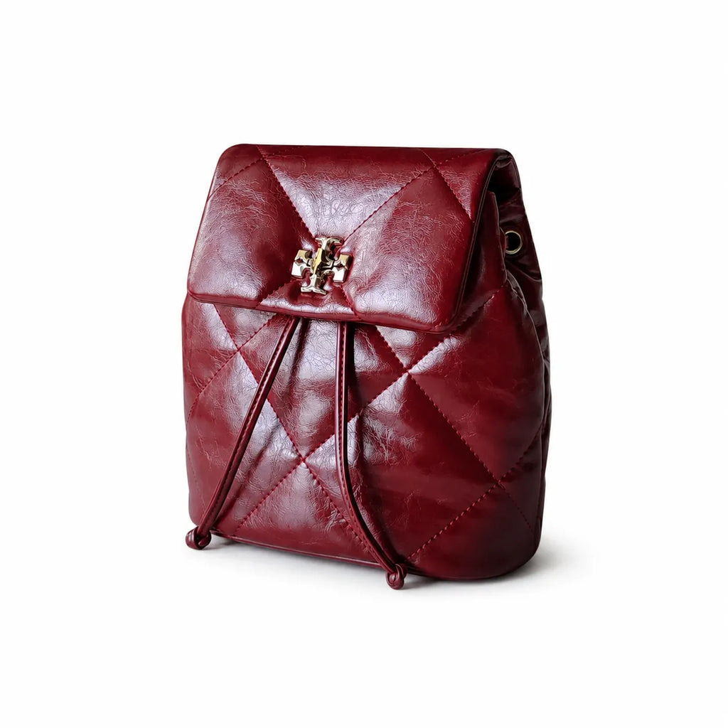 Tory Burch Kira Mini Quilted Backpack | Burgundy distressed leather gold double T logo    adjustable chain and leather shoulder strap women's designer backpack