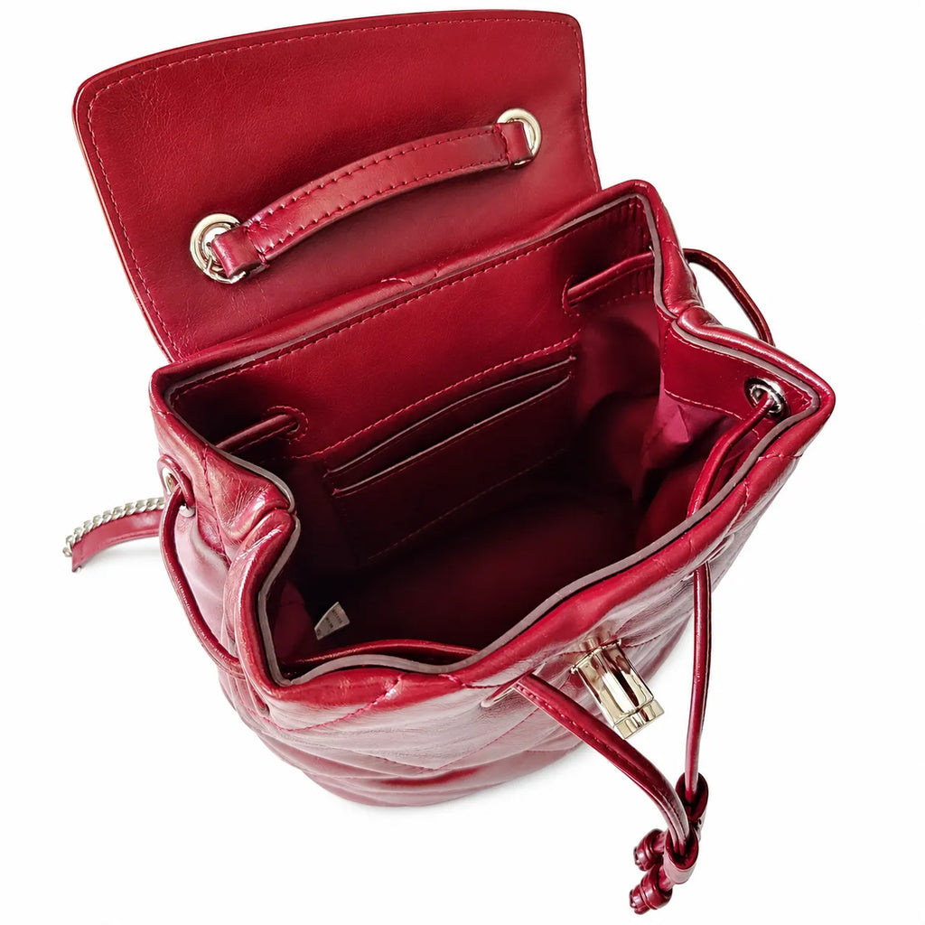 Tory Burch Kira Mini Quilted Backpack | Burgundy distressed leather gold double T logo    adjustable chain and leather shoulder strap women's designer backpack