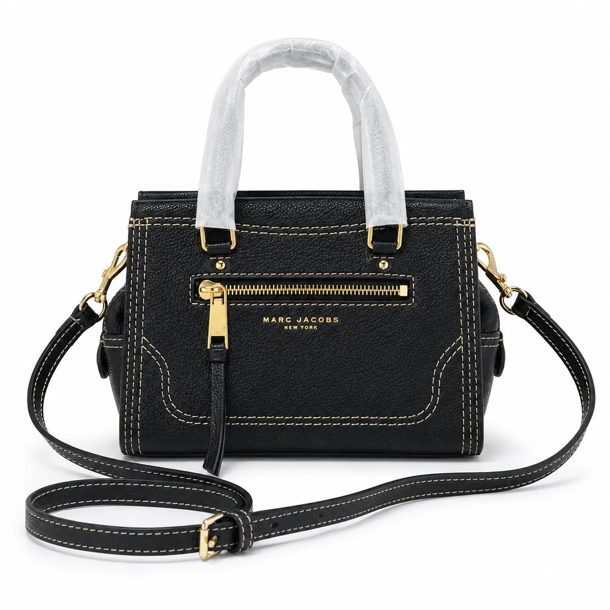 Marc Jacobs Mini Cruiser | Black pebbled leather  detachable shoulder strap  embossed logo  women's designer handbag