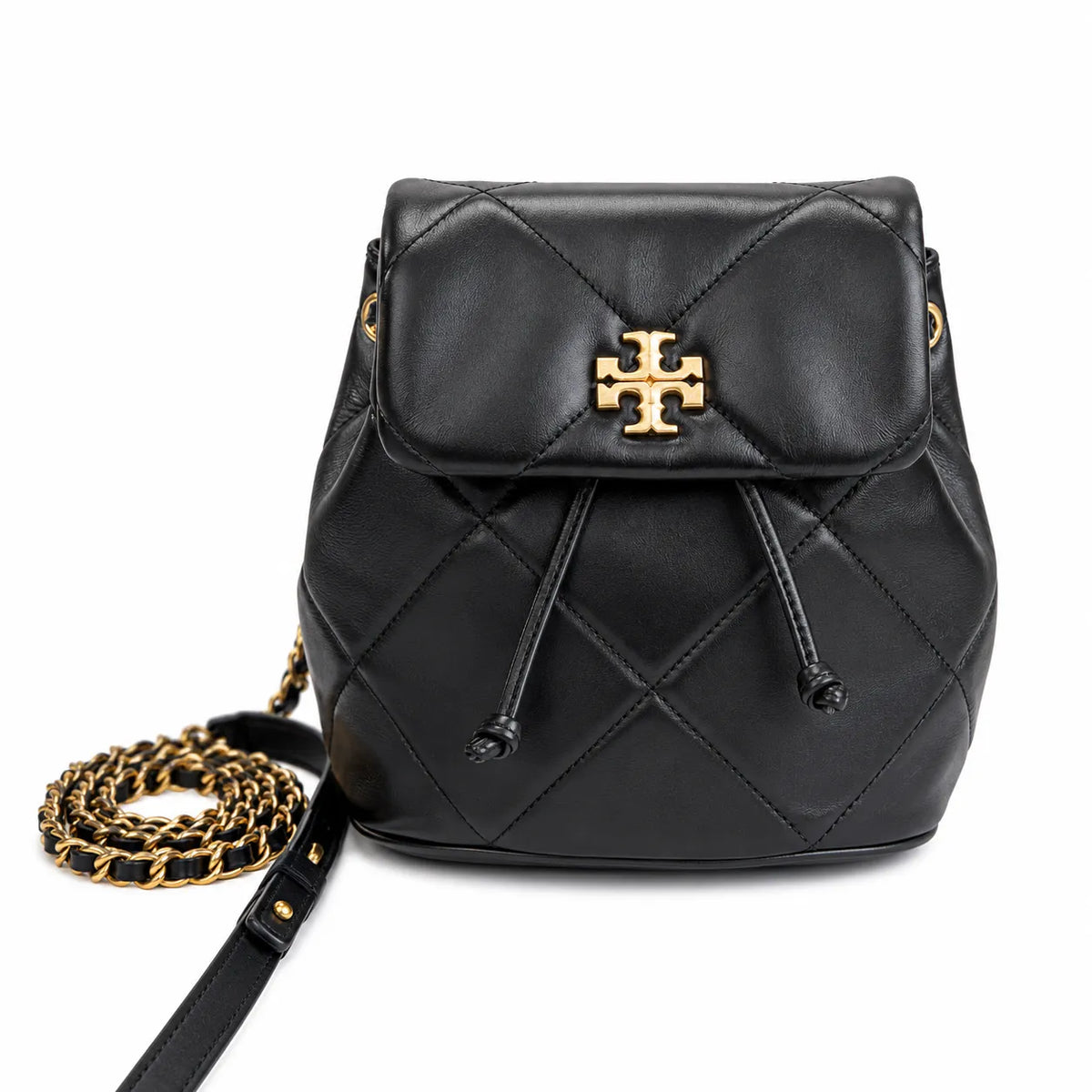 Tory Burch Kira Mini Quilted Bag | Soft pink leather with a silver double T logo  featuring an adjustable chain leather shoulder strap  a women's designer backpack