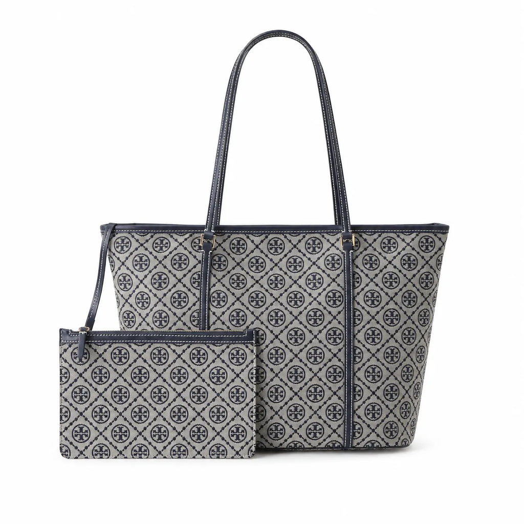 Tory Burch T Monogram Small | Grey jacquard fabric  navy logo  detachable pouch  women's designer shoulder/handbag