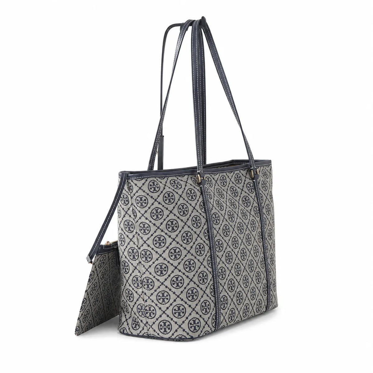 Tory Burch T Monogram Small | Grey jacquard fabric  navy logo  detachable pouch  women's designer shoulder/handbag