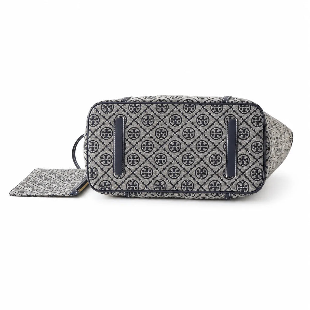 Tory Burch T Monogram Small | Grey jacquard fabric  navy logo  detachable pouch  women's designer shoulder/handbag