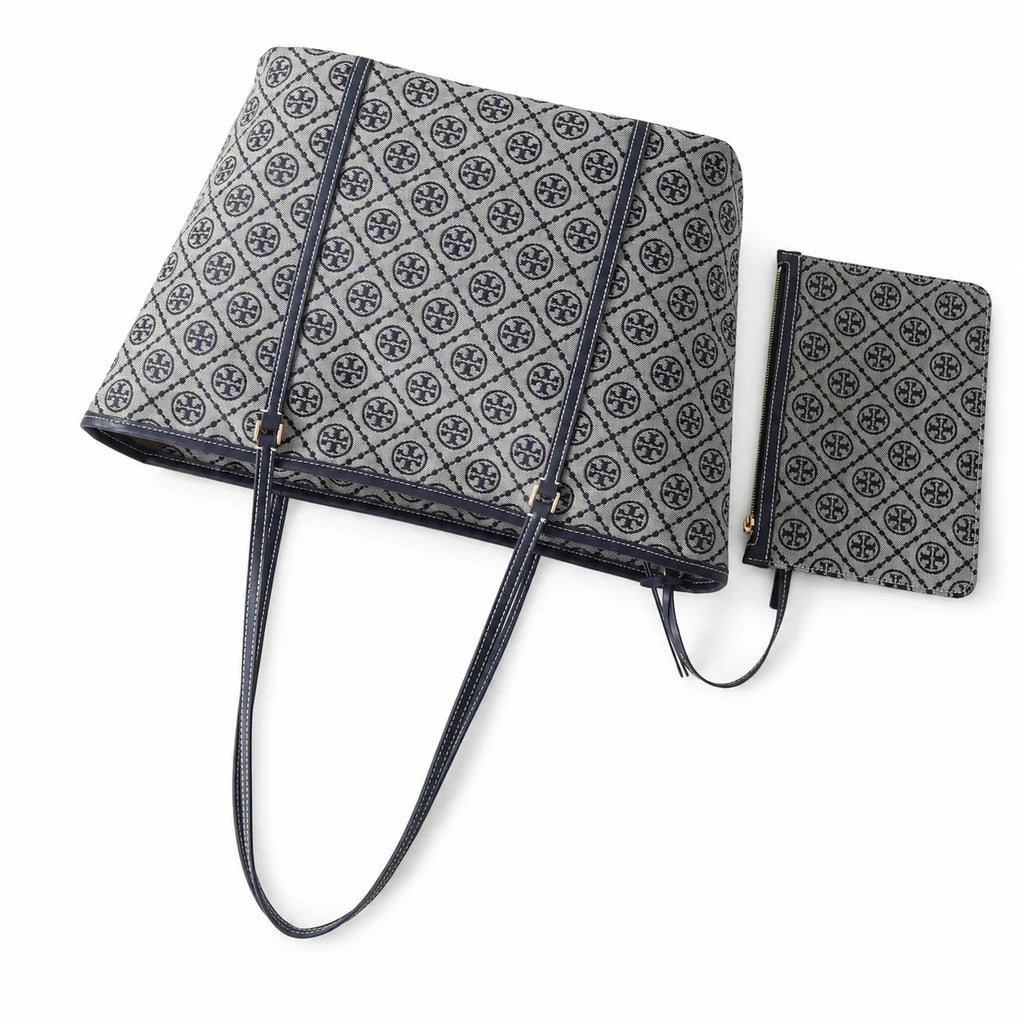 Tory Burch T Monogram Small | Grey jacquard fabric  navy logo  detachable pouch  women's designer shoulder/handbag