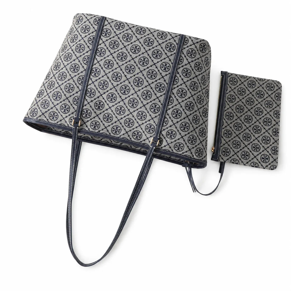 Tory Burch T Monogram Small | Grey jacquard fabric  navy logo  detachable pouch  women's designer shoulder/handbag