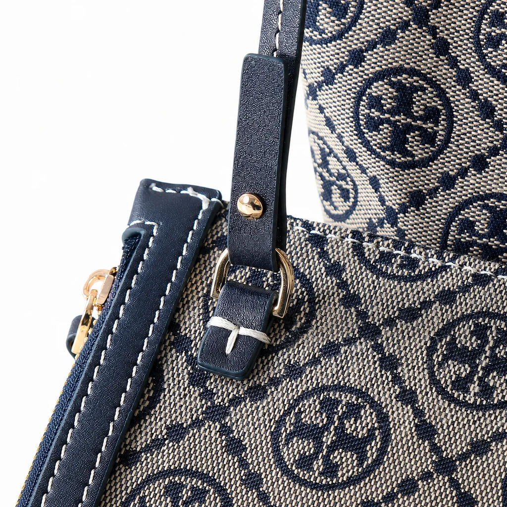 Tory Burch T Monogram Small | Grey jacquard fabric  navy logo  detachable pouch  women's designer shoulder/handbag