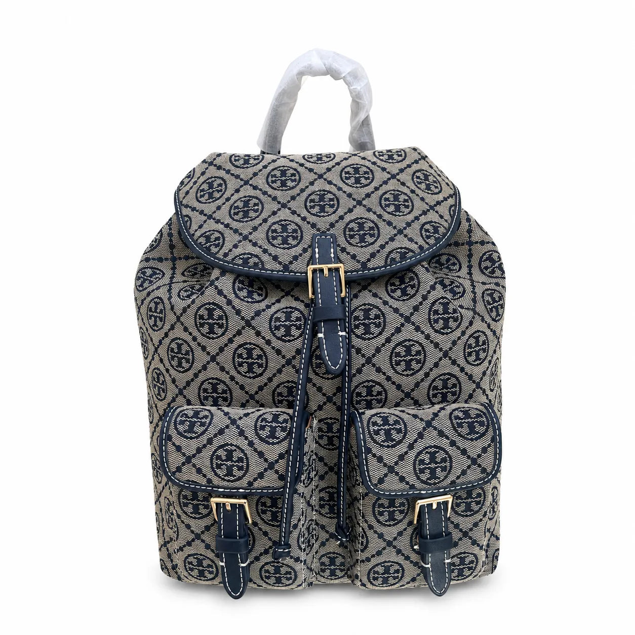 Tory Burch T Monogram | Light blue washed denim and navy logo  tan leather trim adjustable shoulder strap  women's designer shoulder bag