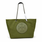 Tory Burch Ella | Olive green recycled nylon silver chain and leather shoulder strap embossed logo women's designer shoulder bag
