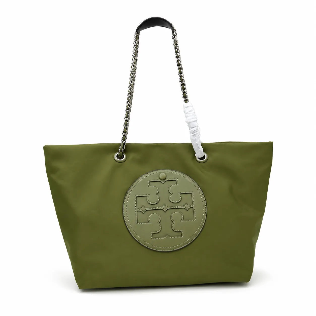 Tory Burch Ella | Olive green recycled nylon silver chain and leather shoulder strap embossed logo women's designer shoulder bag