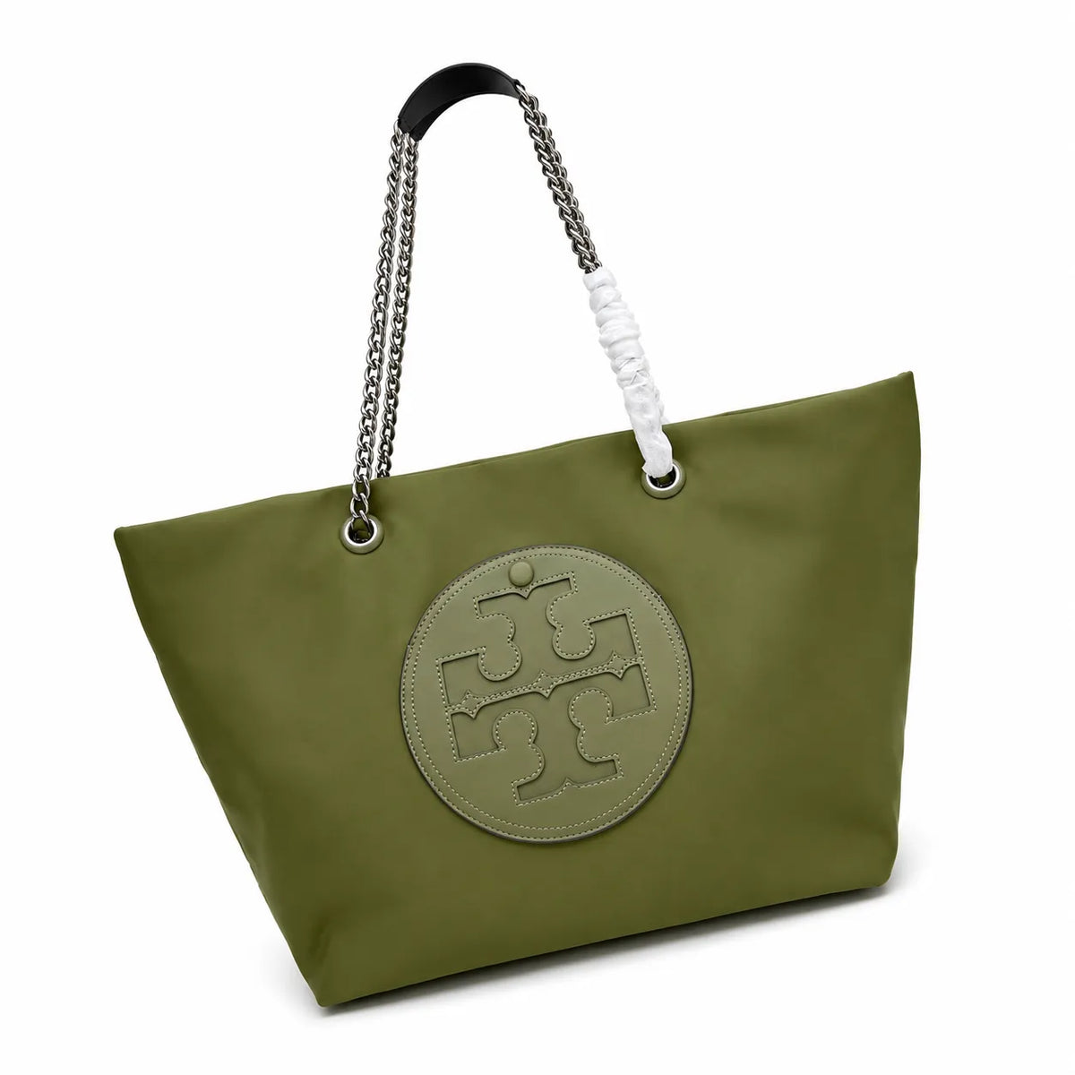 Tory Burch Ella | Olive green recycled nylon silver chain and leather shoulder strap embossed logo women's designer shoulder bag