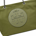 Tory Burch Ella | Olive green recycled nylon silver chain and leather shoulder strap embossed logo women's designer shoulder bag
