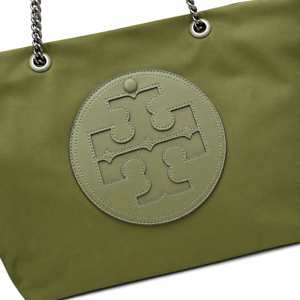 Tory Burch Ella | Olive green recycled nylon silver chain and leather shoulder strap embossed logo women's designer shoulder bag