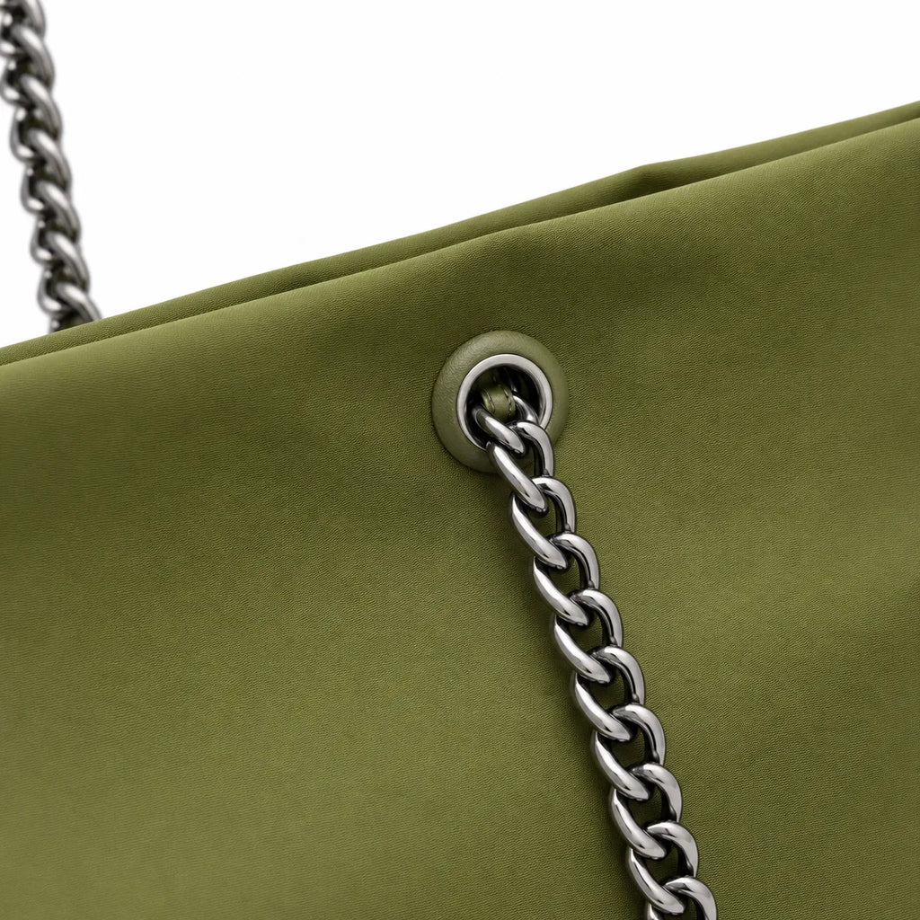 Tory Burch Ella | Olive green recycled nylon silver chain and leather shoulder strap embossed logo women's designer shoulder bag