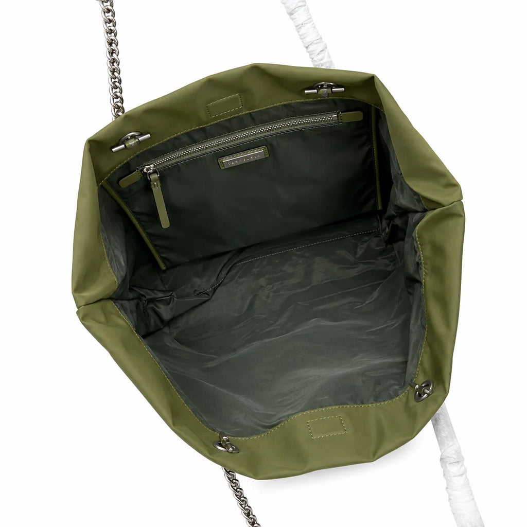 Tory Burch Ella | Olive green recycled nylon silver chain and leather shoulder strap embossed logo women's designer shoulder bag