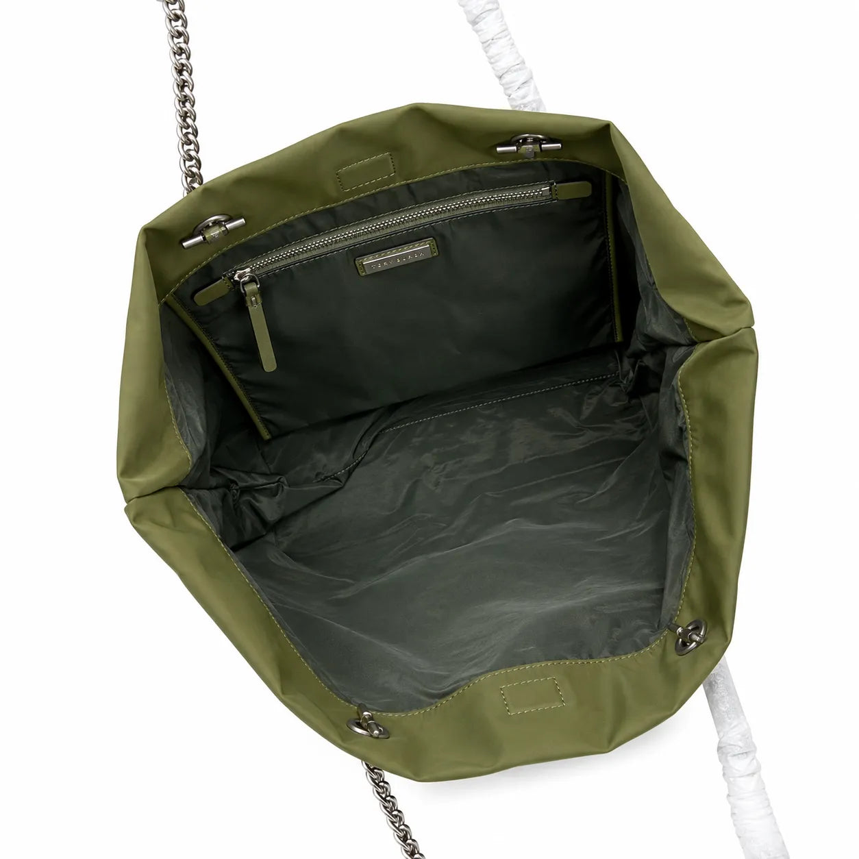 Tory Burch Ella | Olive green recycled nylon silver chain and leather shoulder strap embossed logo women's designer shoulder bag