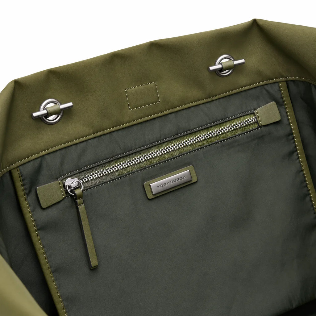 Tory Burch Ella | Olive green recycled nylon silver chain and leather shoulder strap embossed logo women's designer shoulder bag