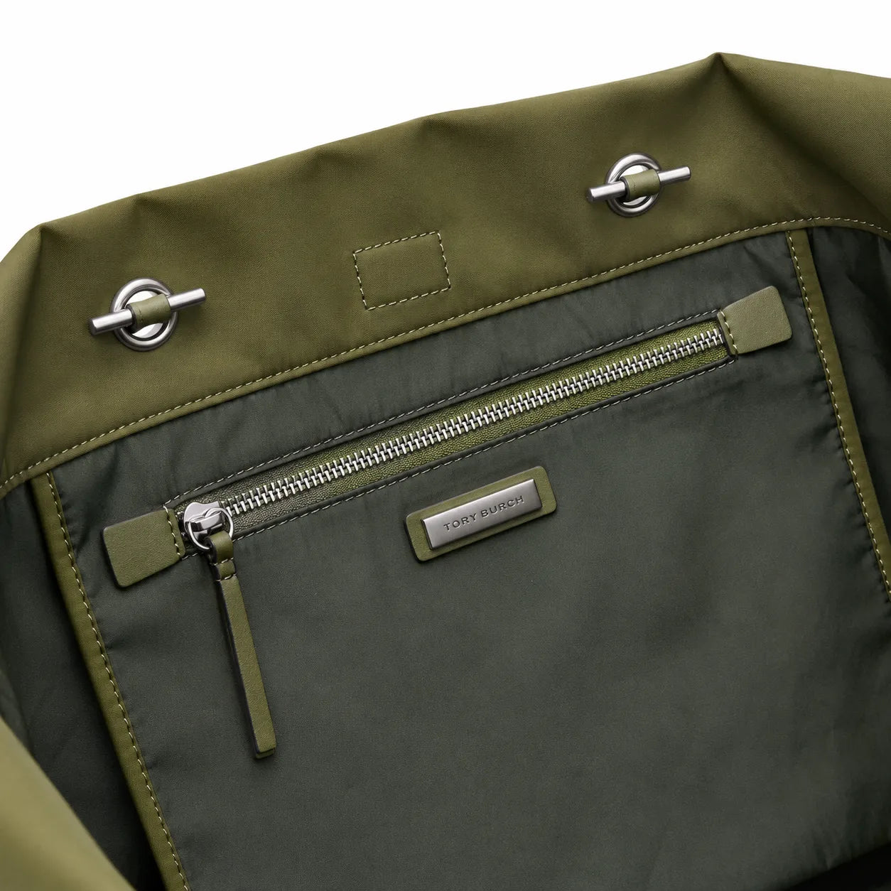 Tory Burch Ella | Olive green recycled nylon silver chain and leather shoulder strap embossed logo women's designer shoulder bag