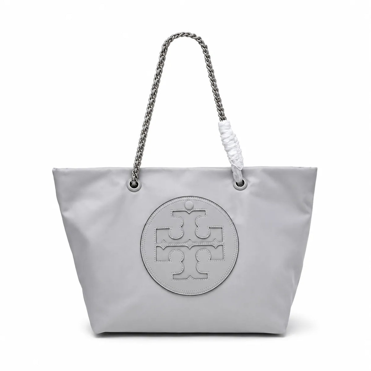 Tory Burch Ella | Olive green recycled nylon silver chain and leather shoulder strap embossed logo women's designer shoulder bag