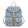 Tory Burch T Monogram | Light blue washed denim and navy logo  tan leather trim adjustable shoulder strap  women's designer shoulder bag