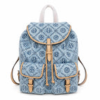 Tory Burch T Monogram | Light blue washed denim and navy logo  tan leather trim adjustable shoulder strap  women's designer shoulder bag