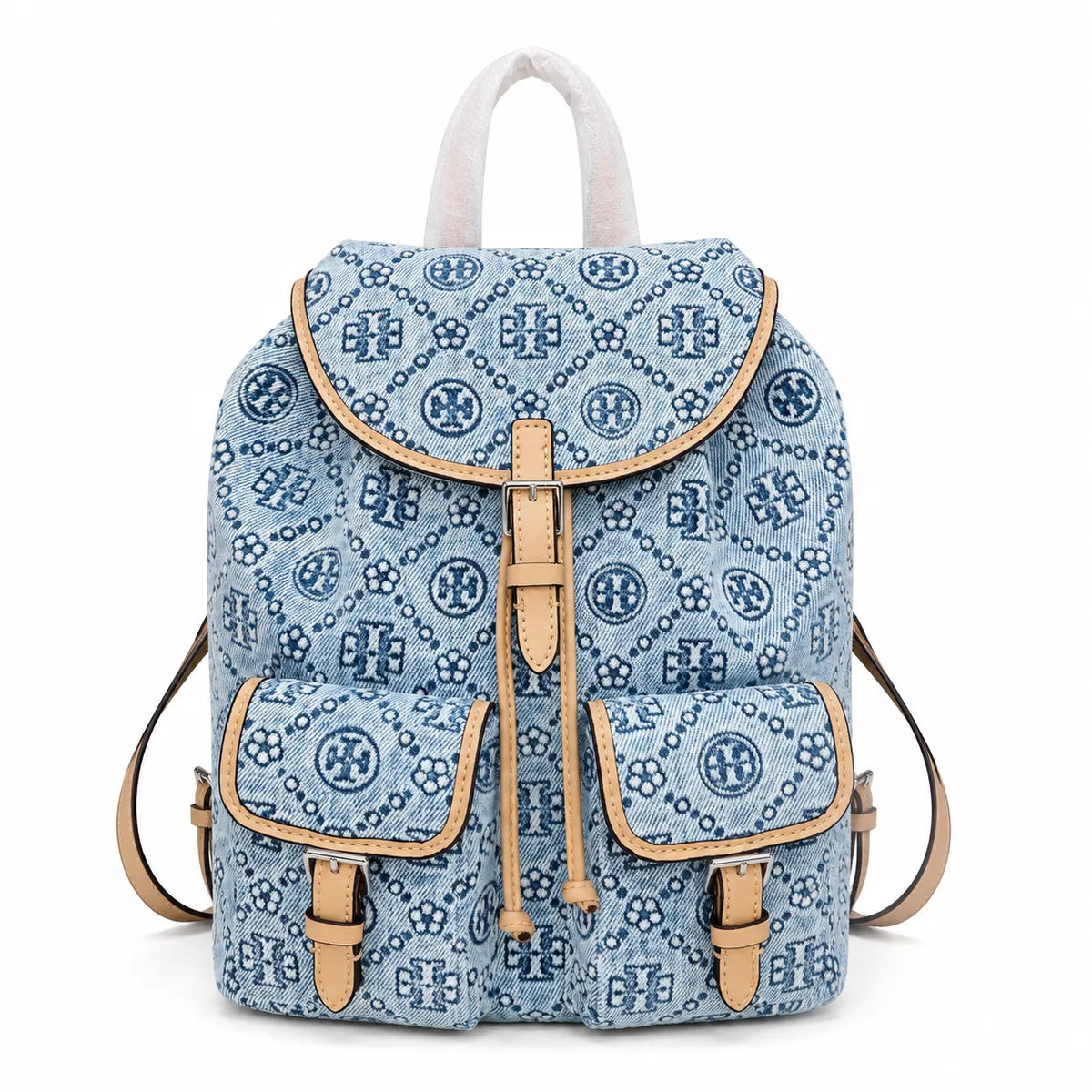 Tory Burch T Monogram | Light blue washed denim and navy logo  tan leather trim adjustable shoulder strap  women's designer shoulder bag